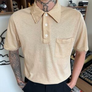 Vintage 60s Cream Semi-Sheer Short Sleeve Pocket Polo ~ Size Small
